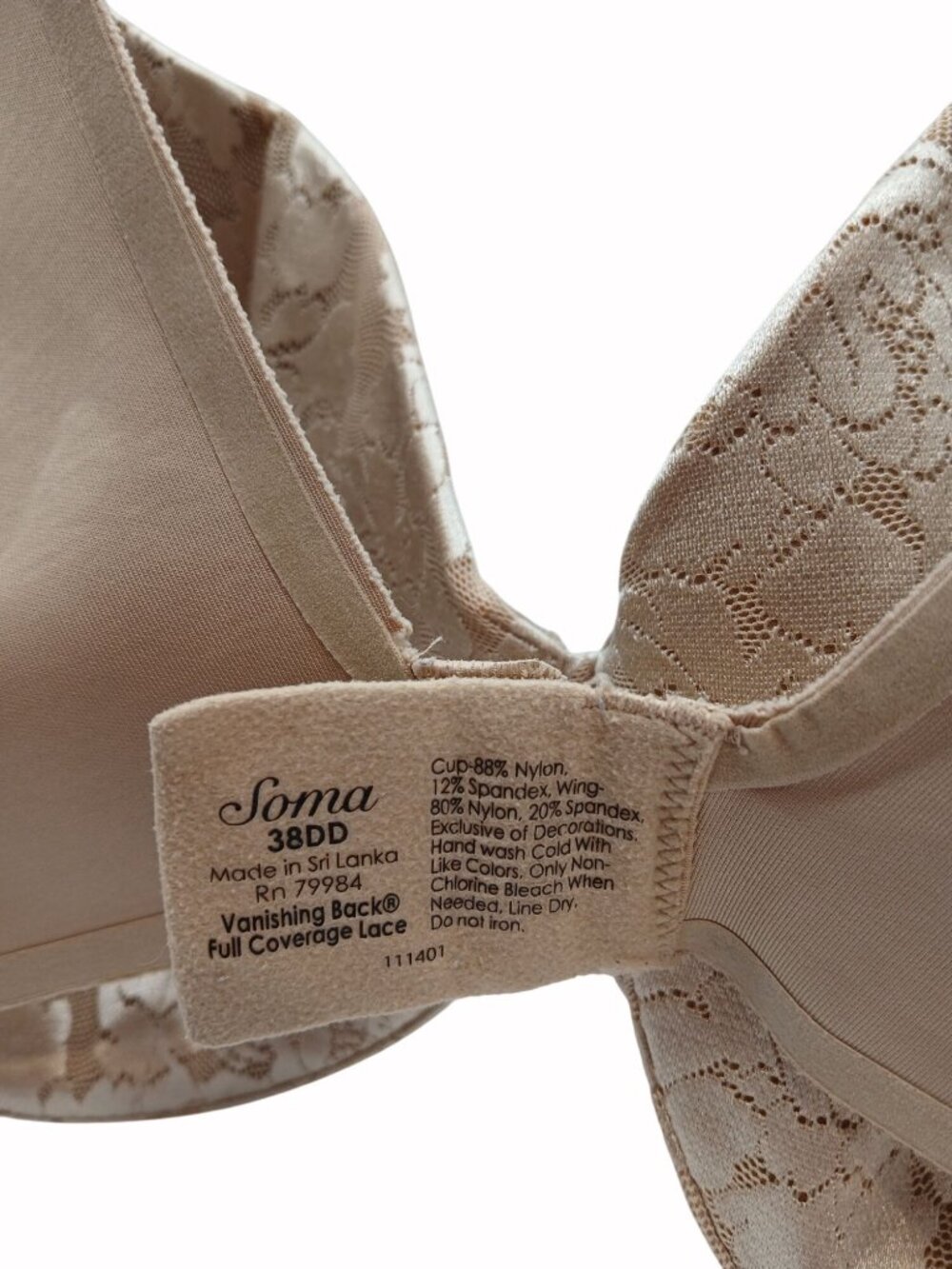 Soma Full Back Coverage Lace Padded Underwire Bra Beige Size 38DD Vanishing - Picture 6 of 13